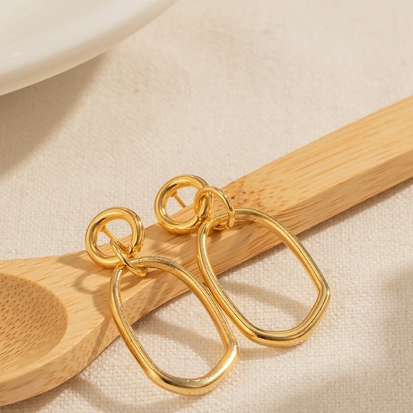 18K Gold Plated Stainless Steel Dangle Hoop Minimalistic Earrings - Picture 5 of 6